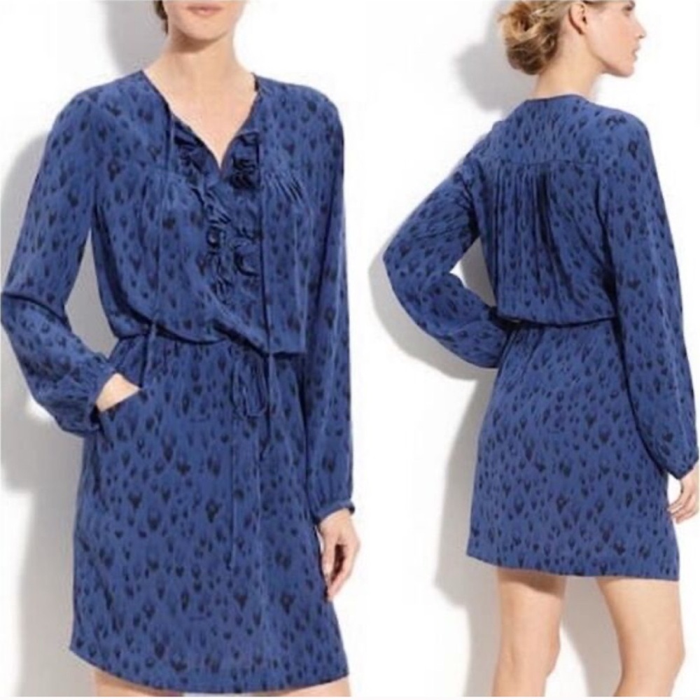 Rebecca Taylor Blue Leopard Dress with Tie Waist and Bishop Sleeves
